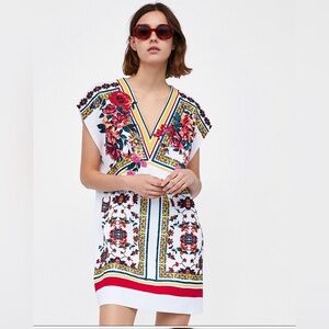 Zara Floral V-Neck Mini Dress - White, Red, Yellow